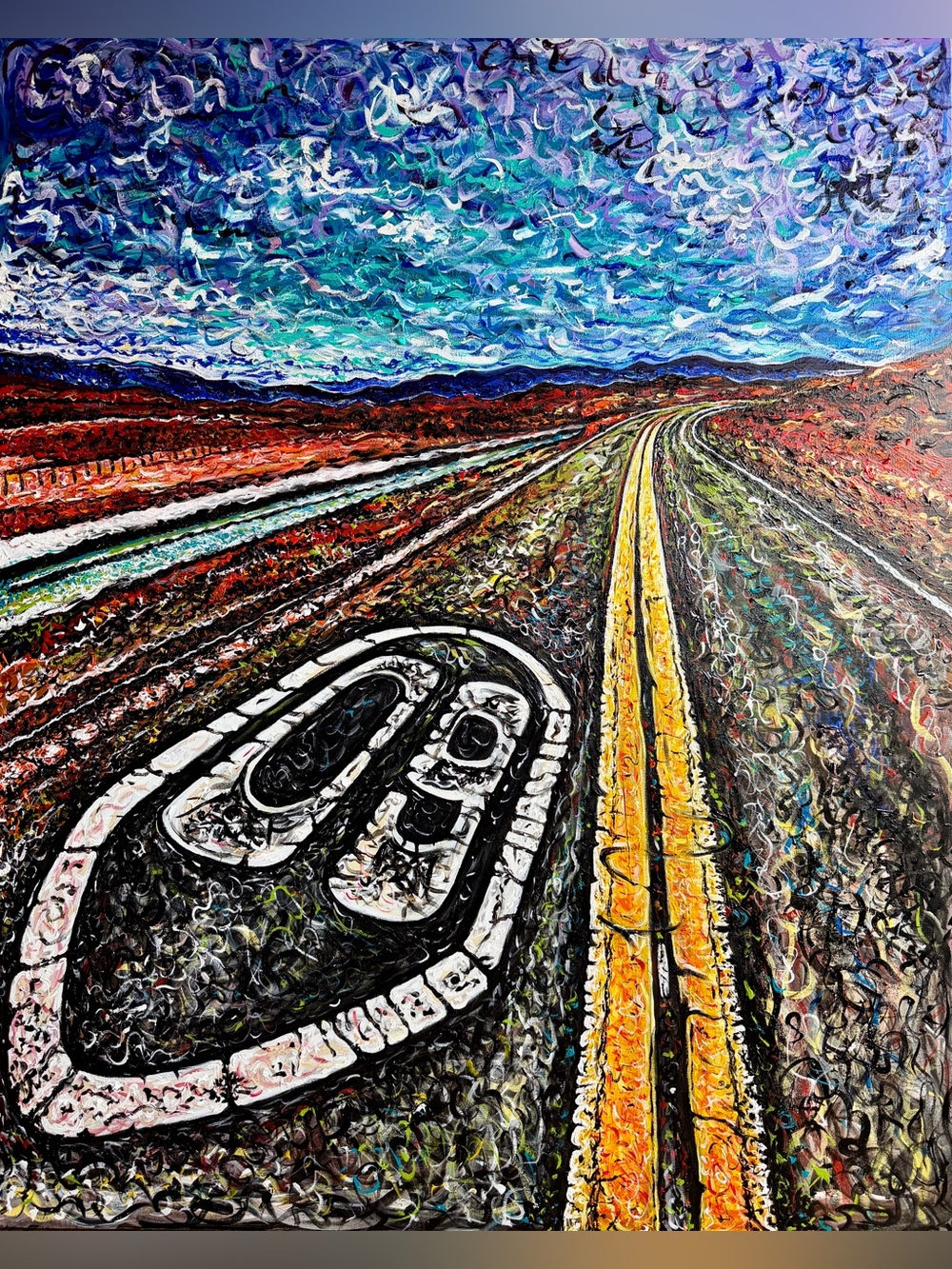 Abstract Roadway Landscape Wall Art Print in Blue, Yellow and Brown